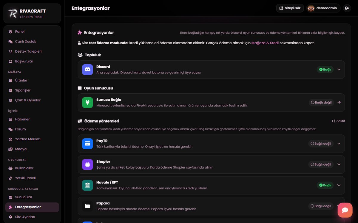 RivaWeb entegrasyonlar sayfası